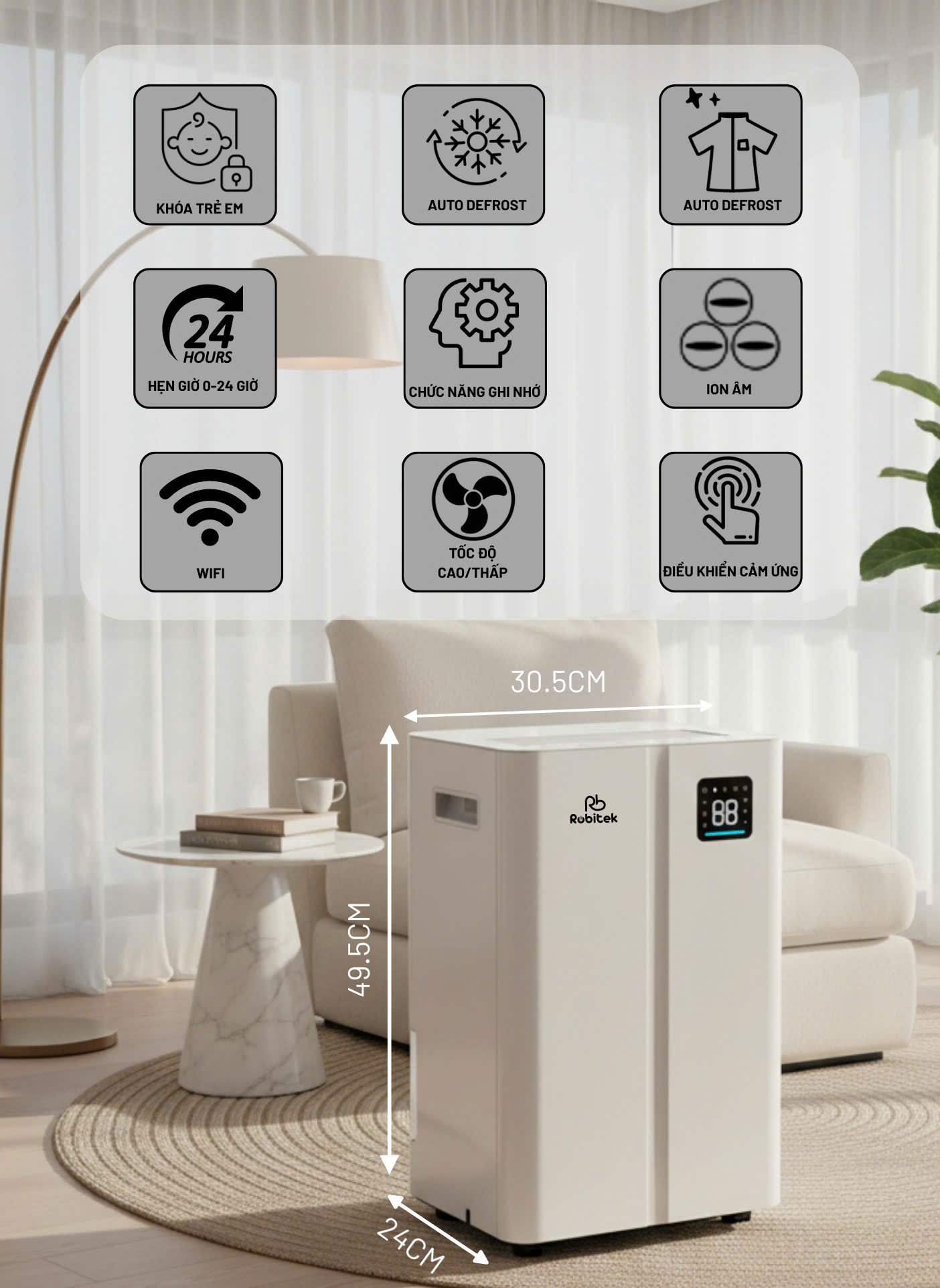 Máy Hút Ẩm Và Lọc Không Khí Robitek DH25 | Công suất hút ẩm 25L/ngày